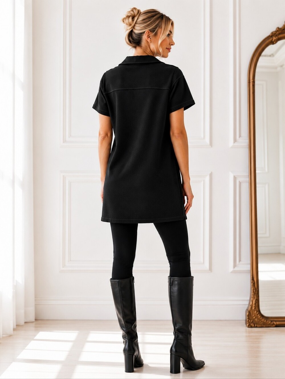 Max Studio London Black Tunic Mini Dress XS | Short Sleeve Collared Shift Dress - Picture 2 of 8